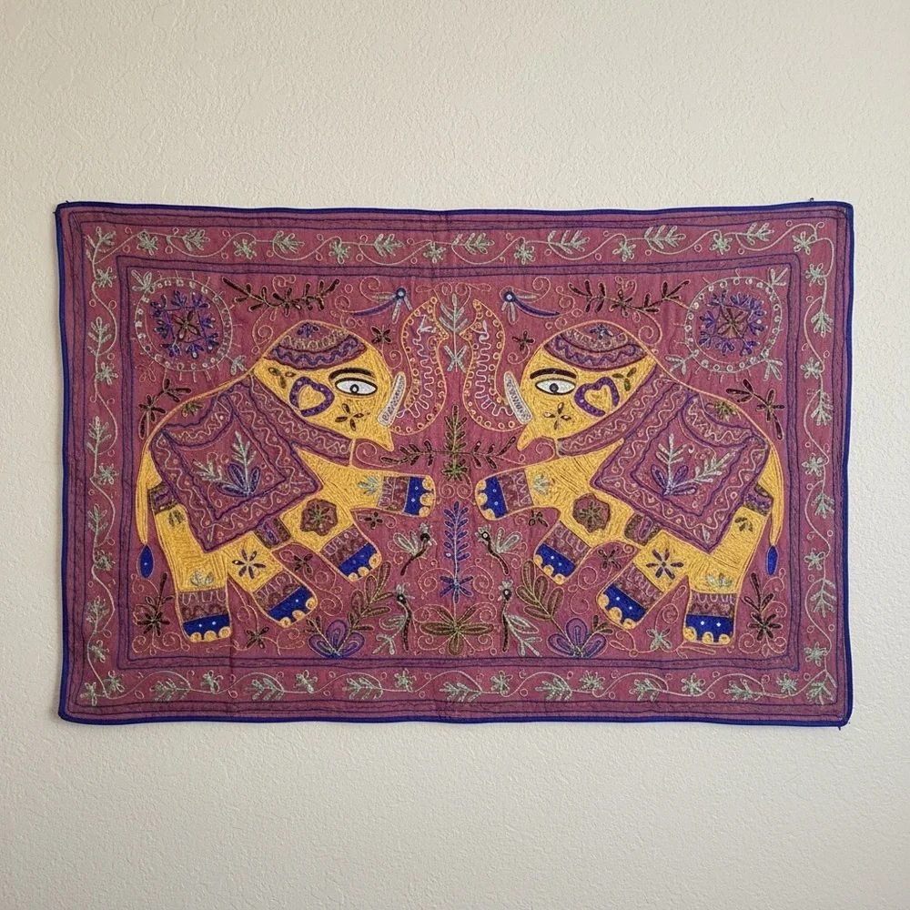 Indian hand-embroidered wall tapestry featuring elephant motifs, sequin detail